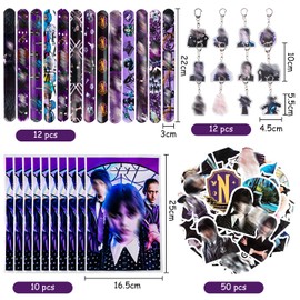 Wednesday Party Bag Children's Birthday Set Snap Bracelet Children's Set Party Gift Bag Birthday Wednesday Stickers, Children's Keyring for Boys and Girls, Party Favours (A), Pack of 84