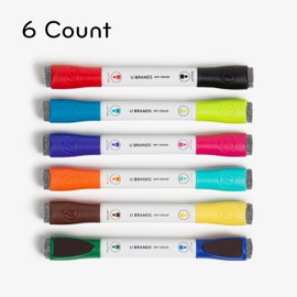 U Brands Fine Tip Dry Erase Markers with Eraser, Magnetic Double Ended Whiteboard Markers, Low Odor, Assorted Bright Colors, Set of 6
