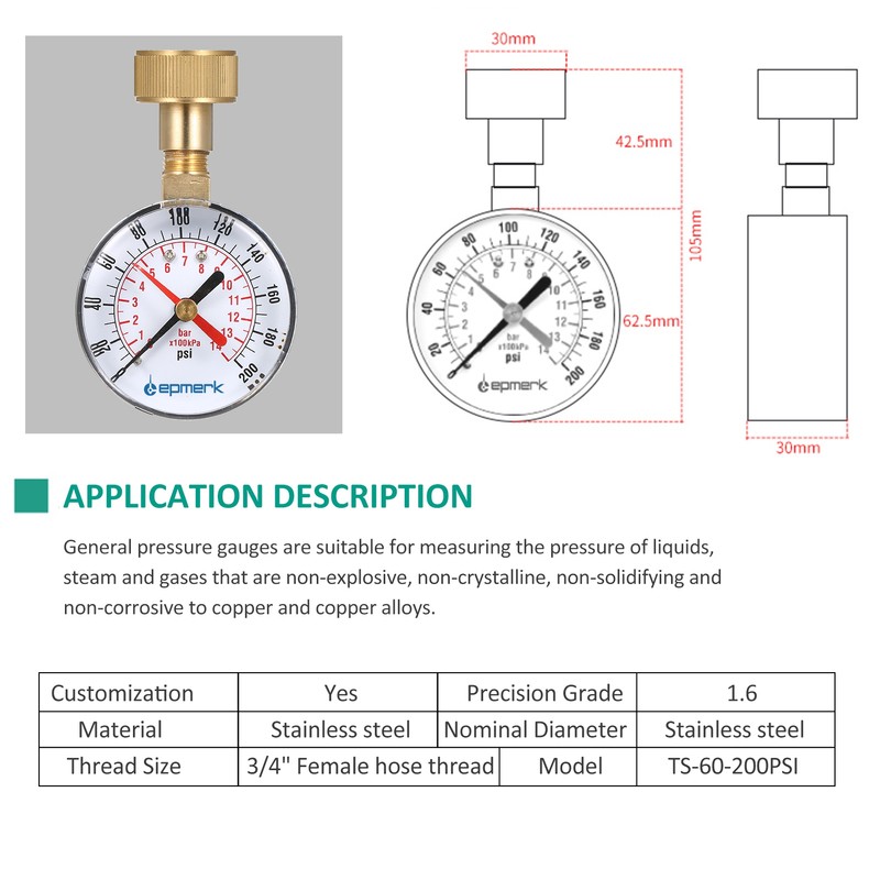 Lepmerk 2- 1/2'' Pressure Gauge Water Pressure Test Gauge 3/4''