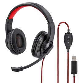 Hama USB Headset, Over Ear Headphones with Microphone (Headset with Volume Control and Adjustable Microphone Boom, for Video Conferences, Home Office, Call Centre, eLearning, USB-A Plug) Black, Red