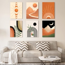 Gisipameis Boho Wall Art Set of 6, Mid Century Modern Decor 8" x 10" Unframed, Sun Moon Palm Leaf Black Beige Neutral Abstract Geometric Boho Wall Decor Canvas Prints for Bedroom Living Room Bathroom
