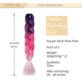 Gairyan Jumbo Braids, Extensions, Synthetic Hair for Braiding, 3 Pieces, 300 g, Braiding Hair Extensions, 60 cm, Ombre, Synthetic Braids, Afro Hair for Box/Crochet Braids, Purple & Rose Red & Pink