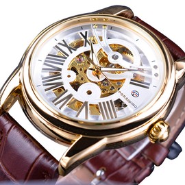 FORSINING Hollow Mechanical Waterproof PU Leather Watch White Dial Golden Case  Brown Strap