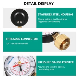 LAPOOH 2-1/2'' Pressure Gauge Water Pressure Test Gauge 3/4'' Female Hose Thread 0-200 PSI with Red Pointer