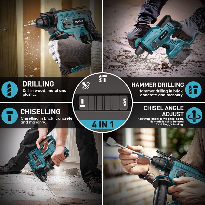 MtiolHig 7/8" Rotary Hammer Drill Compatible with Makita 18V Battery:
