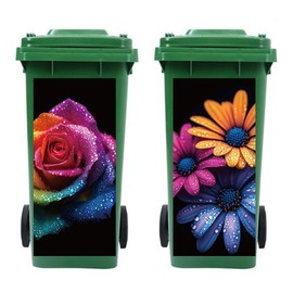 Peacoblue Wheelie Bin Stickers 2 Sheets Colorful Roses and Gerbera Sticky Dustbin Stickers Decals, 15in x 32in Waterproof Large Wraps for Trash Cans Bins Driveway Garden Outdoor Indoor Patio Decor