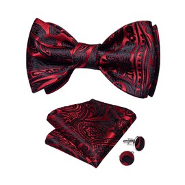 DiBanGu Silk Bow Ties for Men Striped Solid Paisley Self Bowtie and Pocket Square Cufflinks Formal Tuxedo Bowtie Set Wedding, Black and Red