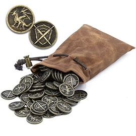 CASEMATIX Monedas de metal y bolsa para juegos de mesa RPG – 100 monedas DND de fantasía con dragones y espada y escudo grabado, fichas de metal para juegos de mesa con bolsa de piel sintética