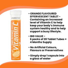 Vitamin Store 120 Vitamin C Orange 1000mg Effervescent Tablets *6 Packs of 20* HIGH Strength