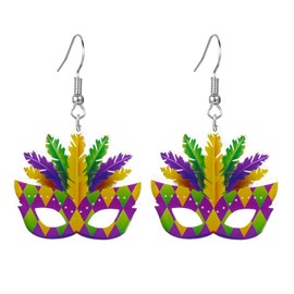 coadipress Colorful Mardi Gras Acrylic Earrings for Women Feather Mask Shape Dangle Earrings Lightweight Teardrop Leaf Earrings Carnival Champagne Bottle Earrings Holiday Party Earrings (Mask)