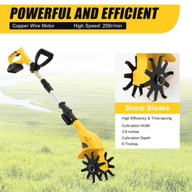 PIAOCAIYIN Cordless Handheld Cultivator Tiller, 20V Garden Tiller, Cordless Tiller Tool, Adjustable Height, Garden Tiller w/Telescopic Pole 250r/Min, Low Noise, for Farms, Gardens, Yards, Yellow