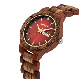 MII YEW Men's Wooden Watch Lightweight Analog Quartz Handmade Wood Watches Red Dial with Date