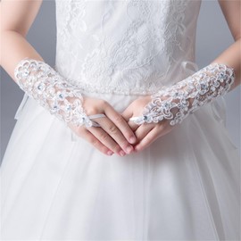 Edenshow Bride Wedding Lace Short Gloves White Fingerless Rhinestone Gloves Bridal Accessories for Women Girls (Flower Lace)