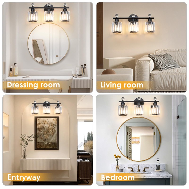 Modern 3 Light Crystal Vanity Light,Black Vertical Bathroom Light Fixture
