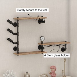 HEONITURE 3 Tier Industrial Wall Wine Rack, 46in Floating Bar Liquor Shelves with 4 Stem Glass Holder, Pipe Shelf Shelving Wine Glass Rack, Wine Rack Wall Mounted Living Room Kitchen Decor, Black