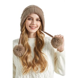 FEOYA Women's Knitted Hat with 3 Pompom Thick Warm 2 in 1 Beanie Hat for Women Winter Cap 56-58CM Khaki