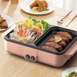 2 in 1 Electric Hot Pot with Grill Portable Korean BBQ Grill Non-Stick Electric Hot Pot and Frying Pan Independent Temperature Control Smokeless for Steaks, Shabu Shabu (Pink)