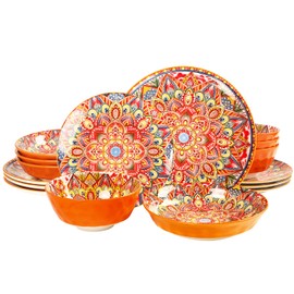 jinsongdafa Mandala Dinnerware Sets (16 PCS) Serves for 4, Buffet Dinnerware, Boho Plates and Bowls Set with 8.3" salad Plate 8.6" Plate 10.6" dinner Plate 6.4" bowl, apply Indoor Outdoor Dining