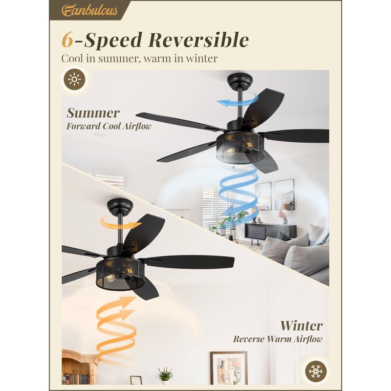 52 Inch Farmhouse Ceiling Fan with Light and Remote, Black