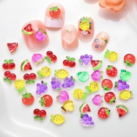 100Pcs Cute Fruit Nails Charms 3D Resin Fruit Nail Art Rhinestones Summer Strawberry Cherry Grape Watermelon Pineapple Apple Nail Jewelry Nail Gems Acrylic Nail Art Supplies for Women Nail Decoration