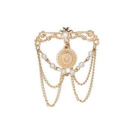 Knighthood Gold Engraving Bar with Hanging Engraved Coin Imitation Pearl Chain Detailing Metal Lapel Pin Badge Coat Suit Jacket Wedding Gift Party Shirt Collar Accessories Brooch for Men