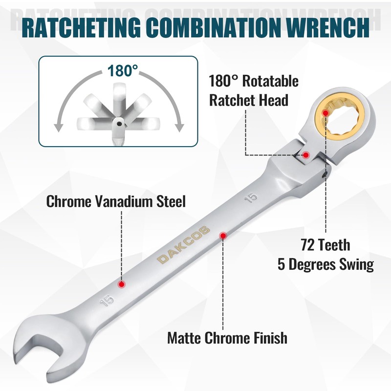 DAKCOS 7mm Flexible Head Spanner Dual Heads Ratchet Combination Wrench