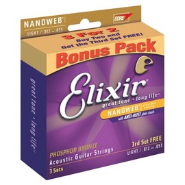 Elixir 3 for 2 Extra Light 92/8 Phosphor Bronze 10-47 Nanoweb Guitar Strings Promo Pack