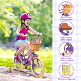 XJD Girls Bike for 4-7 Years Old Toddlers and Kids, 12 14 16 20 Inch Kids Bike with Basket and Bell Training Wheels, Adjustable Seat Handlebar Height (16 Inch with Training Wheels, Purple)