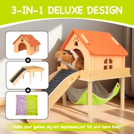 BESNEW 3 in 1 Enlarged Guinea Pig Hammock,Wooden Guinea Pig Hideout with House & Platform & Stairs Small Animal Toys for Hiding Sleeping Activities