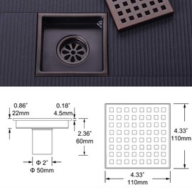 Square Shower Drain 4 inch, Nicmondo 304 Stainless Steel Point Center Floor Waste Drain with Removable Grate Cover Antique Cooper, 11cm x 11cm, Brushed Bronze