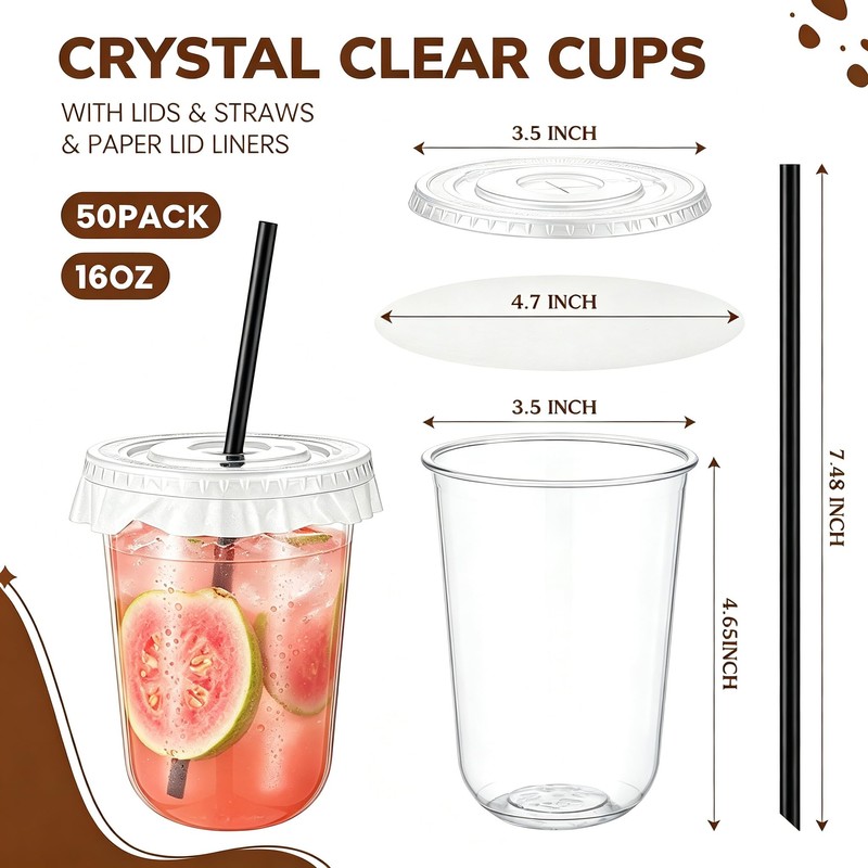 Ziliny 50 Sets Clear Plastic Cups with Lids, Straws, and