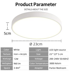 Style home 12 W LED Ceiling Light, Kitchen Lamp, Ultraslim, Modern Light for the Kitchen, Hallway, 23 cm Diameter, 5 cm Height, Warm White 3,000 K (White)