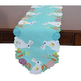 Easter Table Runners for Spring Holiday Home Dining Dresser Scarf Decorations, Applique Cutouts Embroidered Colorful Bunnys Eggs Table Topper, Spring Color (Runner 15"×68"-1PC, Light Blue)