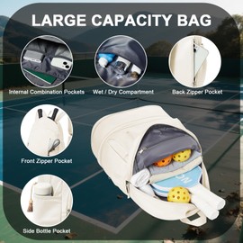 wassdins Pickleball Backpack for Women Men, Gym Bag with Shoe Compartment, Pickleball Bag Fits 2 Pickle Ball Paddles & Gear, Racket Backpack with Water Bottle Holder, Dry/Wet Pocket - Beige