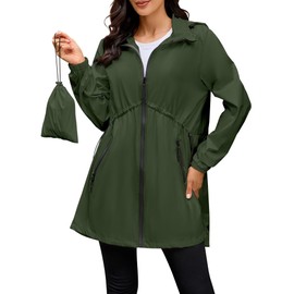 PITINAN Windbreaker Jacket Women Hooded Travel Rain Jacket Active Outdoor Quick Dry Packable Raincoat Women With Zippered Side Pockets Army Green XL