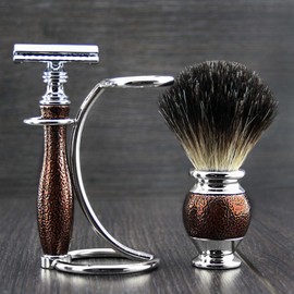 Hand Assembled in Stunning Texture Handles (Safety Razor) & Black Badger Hair Brush with Stand Sophist Collection Elegantly Designed by Haryali London.