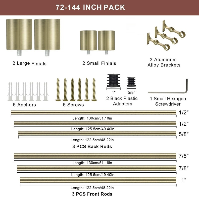 Double Curtain Rods 72-144", Decorative Double Drapery Rods with Cap