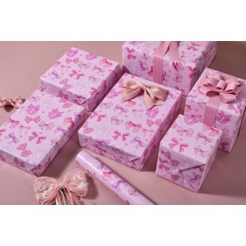 Sikiweiter Pink Bows Wrapping Paper Roll – 17 Inches x 16.4 Feet – Cute Girly Gift Wrap for Birthdays, Baby Showers, Christmas & Special Occasions(Pink Bow)
