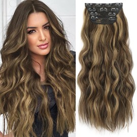 [ KooKaStyle ] Clip- in Synthetic Hair Extensions Long Wavy 4PCS Thick Hairpieces  Double Weft Natural Hair Extensions for Women:_Balayage Chocolate Brown to Caramel Blonde_20inch