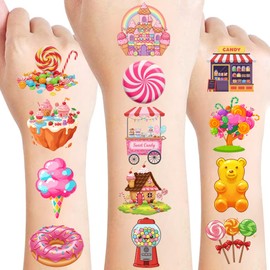 50 PCS Candy Temporary Tattoos for Candy Party Favors, Funny Candyland Lollipop Themed Tattoos for Birthday Party Supplies Super Cute Tattoo Stickers for Party Bag Filler