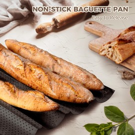 KITESSENSU Nonstick Baguette Pans for French Bread Baking, Perforated 4 Loaves Baguettes Bakery Tray, 15" x 13", Silver