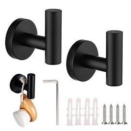 JPGhaha Towel Hooks, Matt Black Bathrobe Hooks, Coat Hooks, No Drilling, Max. 15 kg, SUS 304 Stainless Steel Hooks, Smooth Surface for Bathroom, Toilet, Kitchen, Pack of 2