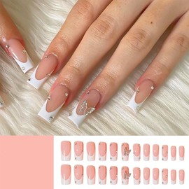 NICENEEDED 24PCS White French Square Press on Nails 3D Butterfly Rhinestone False Nail Nude Glossy Full Cover Stick on Nails for Women Manicure Art