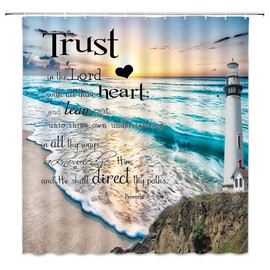 Inspirational Quote Shower Curtain Trust in The Lord with All Thine Heart Motivational Words Ocean Lighthouse Beach Nautical Coastal Scenery Fabric Bath Curtain with Hook