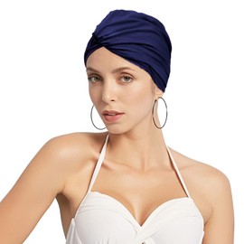 Ladies Women Pleated Fabric Swimming Cap Turban Style Swim Pool Beach Surfing Bathing Cap Elastic Ears Protection Shower Cap Soft Cross Beanie Cap Chemo Night Sleep Hat Solid Color For Long Short Hair