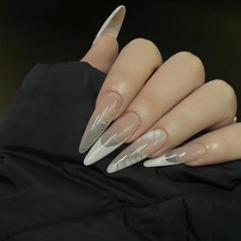 BABALAL French Tip Press on Nails Long Stiletto Fake Nails White Glue on Nails Metallic Ball with Design Acrylic Nails 24Pcs Almond Full Cover False Nails