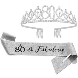 FUNSACHY 80th Birthday Sash & Rhinestone Tiara Set, 80 Year Old Birthday Gifts for Her Party Decorations for Girls Women (Silver)