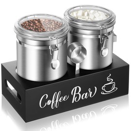 Maxcheck 2 Pcs 66 oz 304 Stainless Steel Coffee Canisters with Shelf - Airtight Locking Clamp & Scoop, Ground Coffee/Bean Storage, Kitchen Food Storage Jars, Gift for Coffee Lovers(Silver)