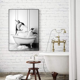 LYBOHO Black White Scottish Highland Cow Bathroom Pictures Funny Animal in the Bathtub Canvas Pictures for Living Room Bathroom Bedroom Decorative Frameless (1 Piece, 20 cm x 30 cm, QE2)