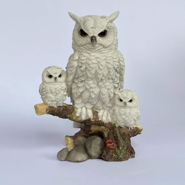 Objectz - Figurine Sculpture Owl on Trunk with Two Baby Owls - Owl Family - Garden Decoration - Owl - Beautiful Decoration for Home and Garden, Indoor and Outdoor Use, Weatherproof (White)